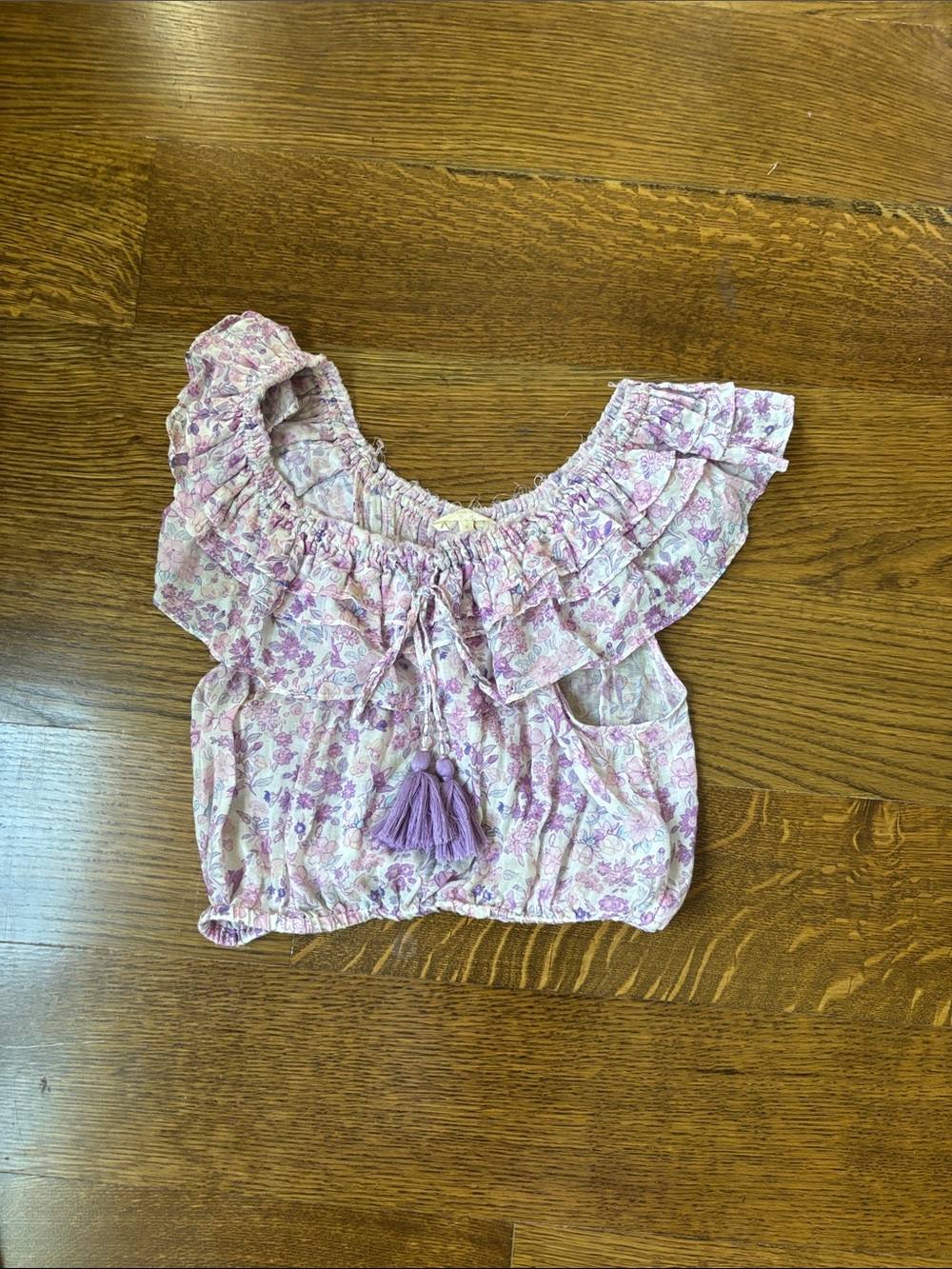 Loveshackfancy Purple Floral Ruffle Cropped Blouse
